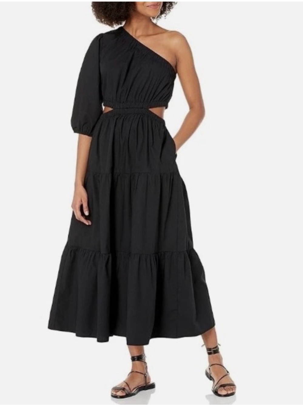 One-Shoulder Black Midi Dress with Tiered Skirt and Cutout Waist
